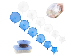 Conjunto De 12 Tampas De Silicone Para Alimentos. Reutilizáveis. Podem Ir Ao Micro-ondas. Elásticas. Ecológicas. Azul E Branco, Seguro