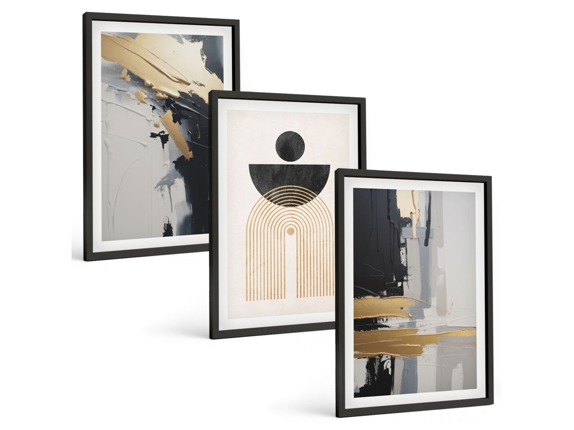 Um Conjunto De Imagens Decorativas Em Uma Moldura Geometria Abstrata, Elegância Moldura Preta Pinturas De Quarto Espelharte (3 Piezas De 40x60 Cm)