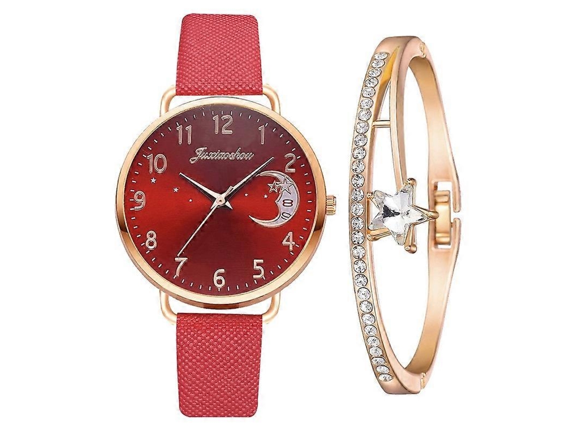 Relógio Feminino De Quartzo Com Mostrador Em Padrão De Lua E Pulseira De Pu, Cor: Vermelho + Pulseira.