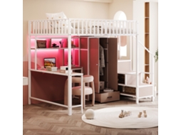 Cama Móstil Metálica 140x200cm, Escrivaninha, Prateleira, Guarda-roupa, Gavetas, Escada Armazenamento, Led, Usb, Branca-op
