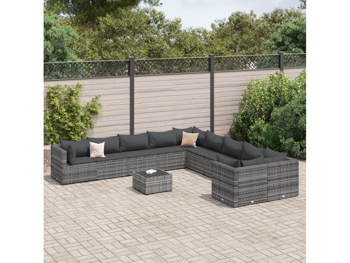 Jogo de Sofá Jardim 11 Peças C/ Almofadões Vime Pe Cinza Dkd Home Decor