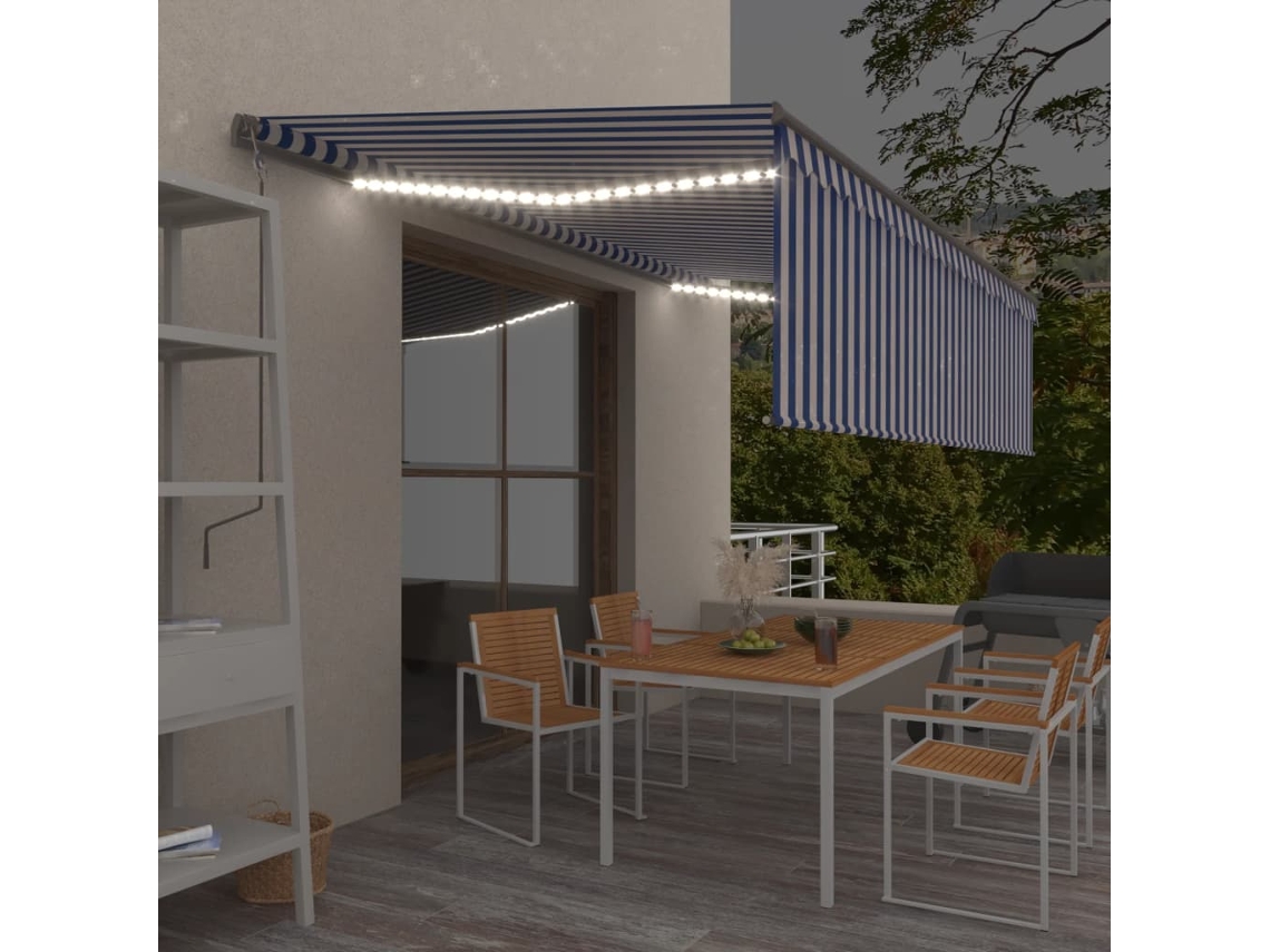 Vidaxl Toldo Autom. C/ Estore/led/sensor De Vento 5x3 M Azul/branco