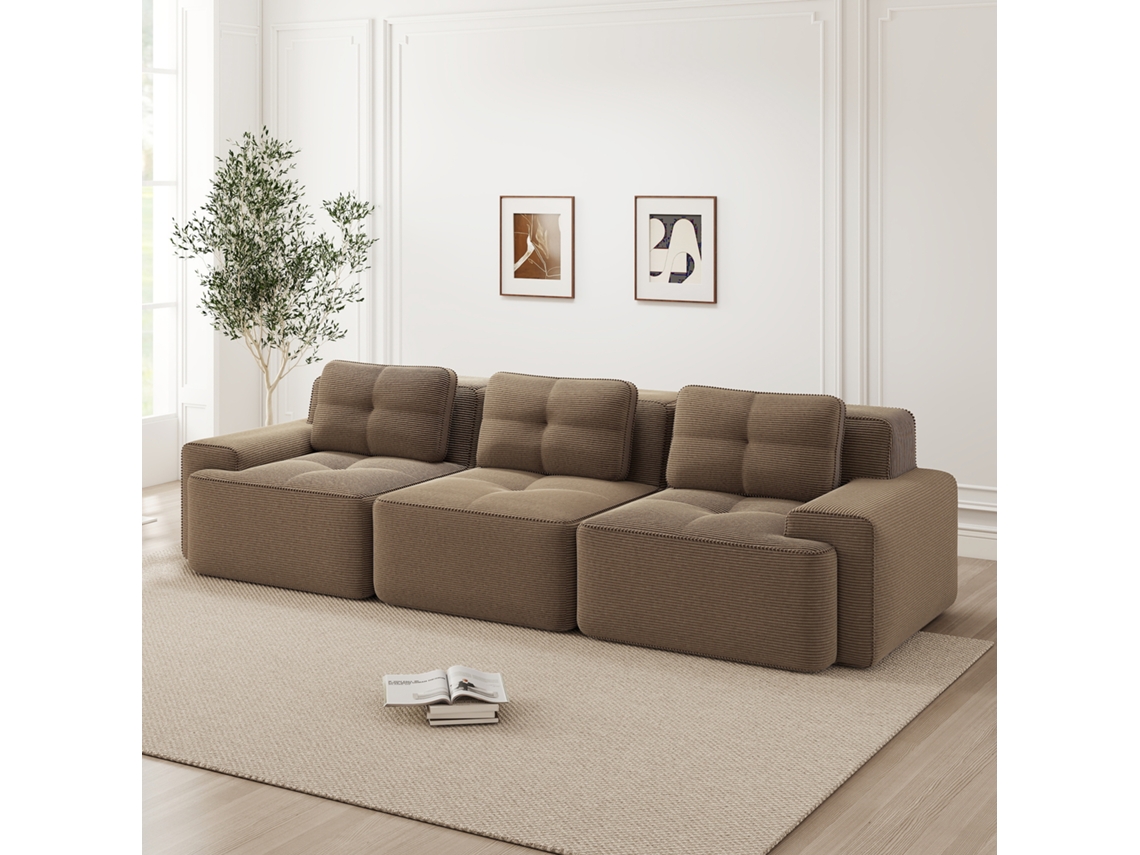 Sofá Modular De 3 Lugares - Cloud, Profundo E Confortável Em Veludo Canelado, Montagem Livre - Castanho