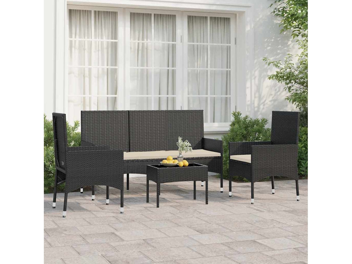 Vidaxl 4 Pcs Conjunto Lounge De Jardim C/ Almofadões Vime Pe Preto