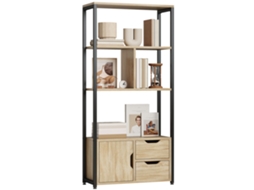 Estante industrial, 3 prateleiras, porta de armário, 2 gavetas, 58x24x122cm, efeito madeira natural, aço preto