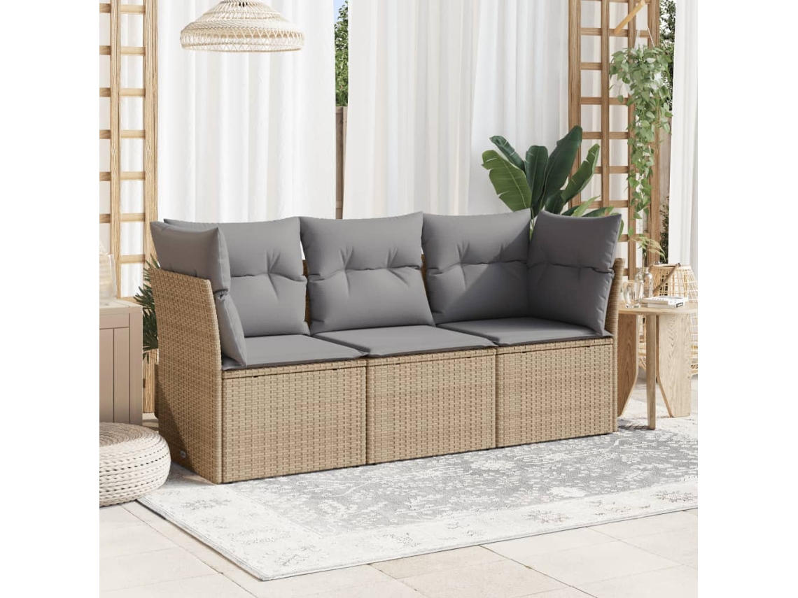 Conjunto de 3 Sofás para Jardim com Almofadões Vime Pe Bege Dkd Home Decor