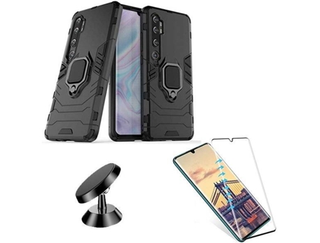 Kit Capa, Película de Vidro Temperado 5D e Suporte Magnético Auto Xiaomi Mi Note 10 PHONOCARE Militar Preto
