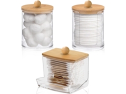 Conjunto de 3 recipientes para cotonetes com tampas de bambu transparentes.