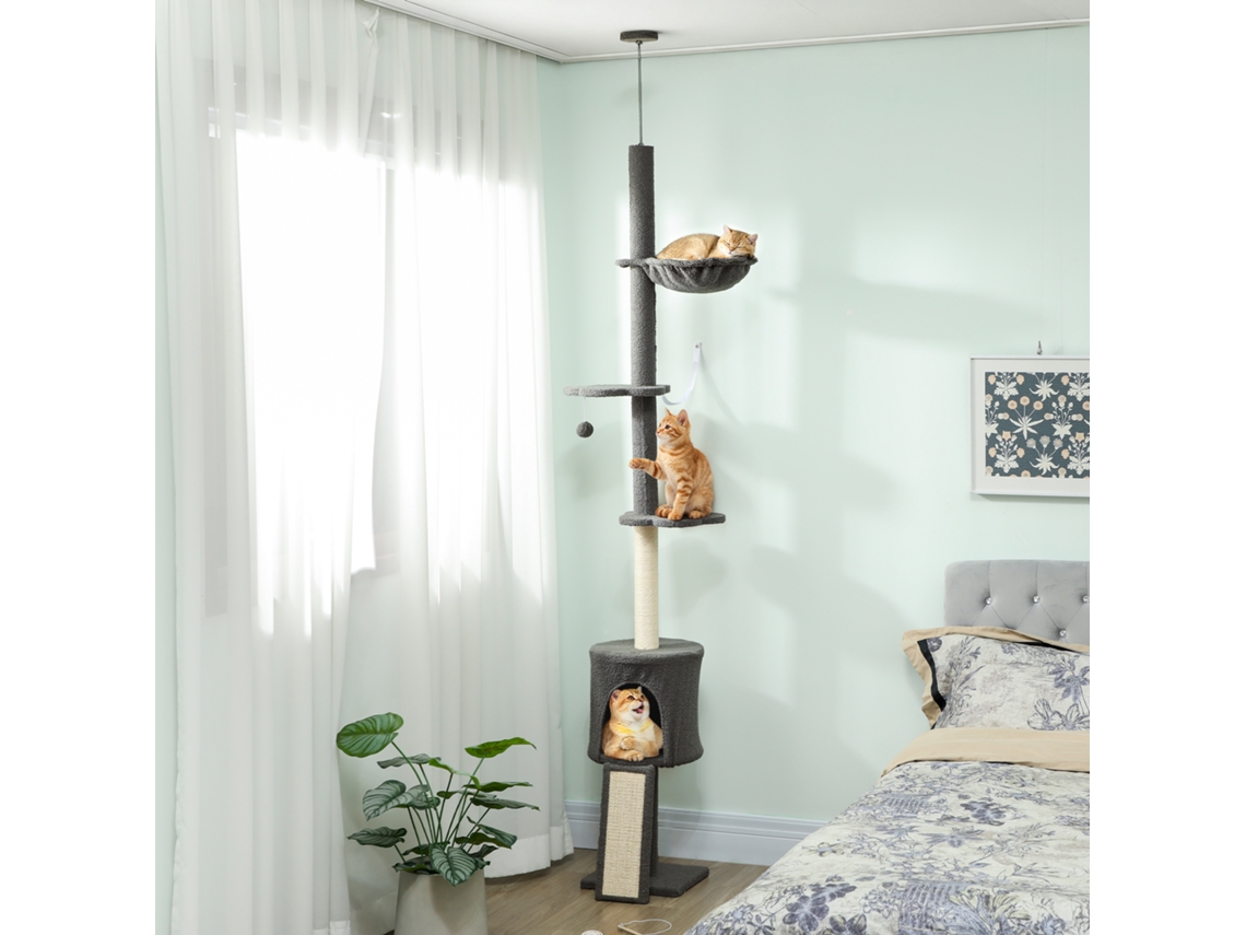 Cat Tree Cave Hammock Adjustable Height Scratching Post With Fabric Cover Gray