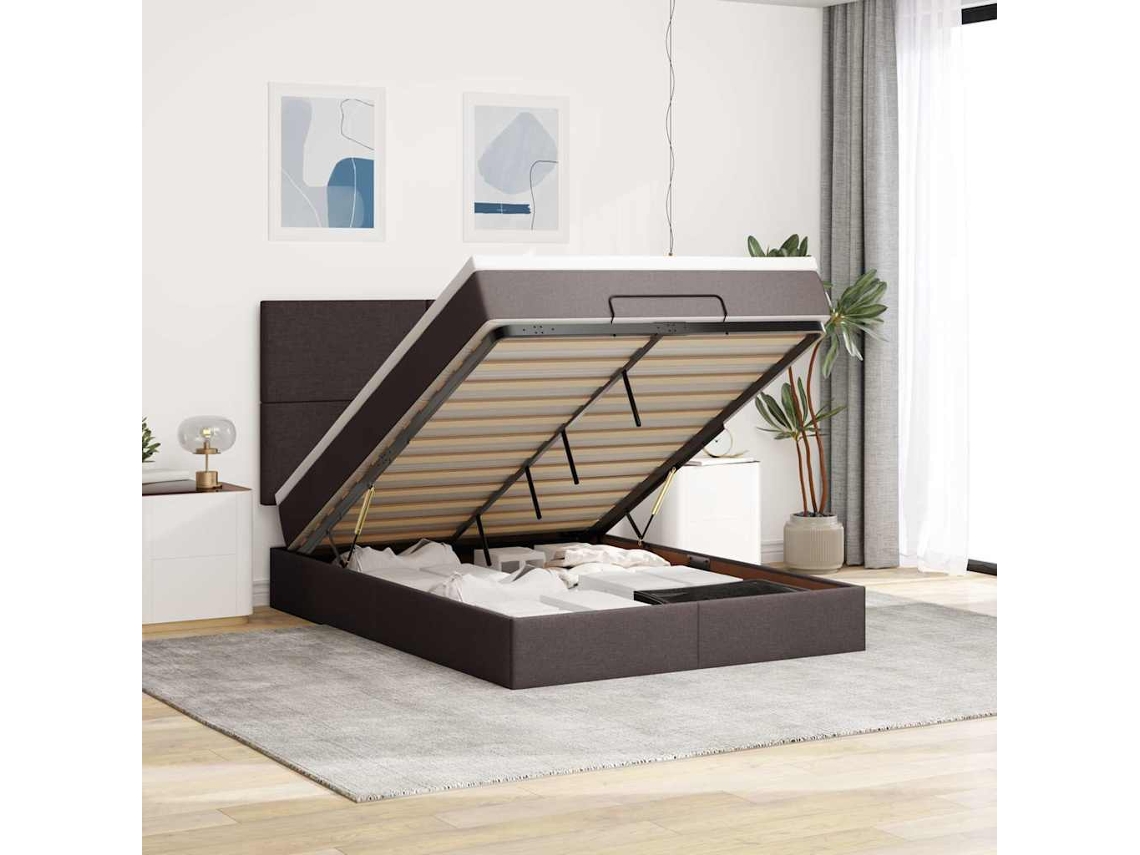 Vidaxl Estrutura Cama Otomana Colchão 140x200cm Tecido Castanho Escuro