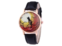 Relógio de quartzo com pulseira de couro PU, mostrador com estampa de gato, modelo casual unissex Zhoulianfa preto.