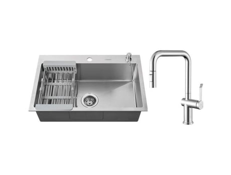 Pia de Cozinha 68X45X19Cm de Aço Inoxidável Embutida com Misturador de Cozinha Giratório 360 Dispensador de Sabão e Cesta de Drenagem LONHEO MAX