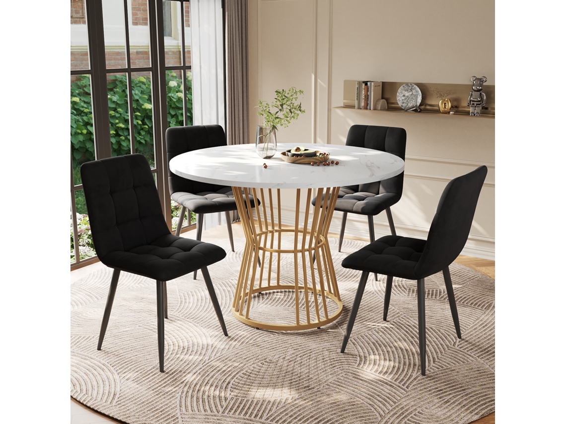 Conjunto Jantar 5pç, Mesa Mármore + 4 Cadeiras Camurça Preta, Pernas Pretas.-qq