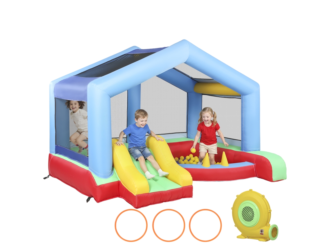 Castelo insuflável infantil com escorregador, piscina, balão de basquete, cobertura, soprador, 277x270x215 Cm