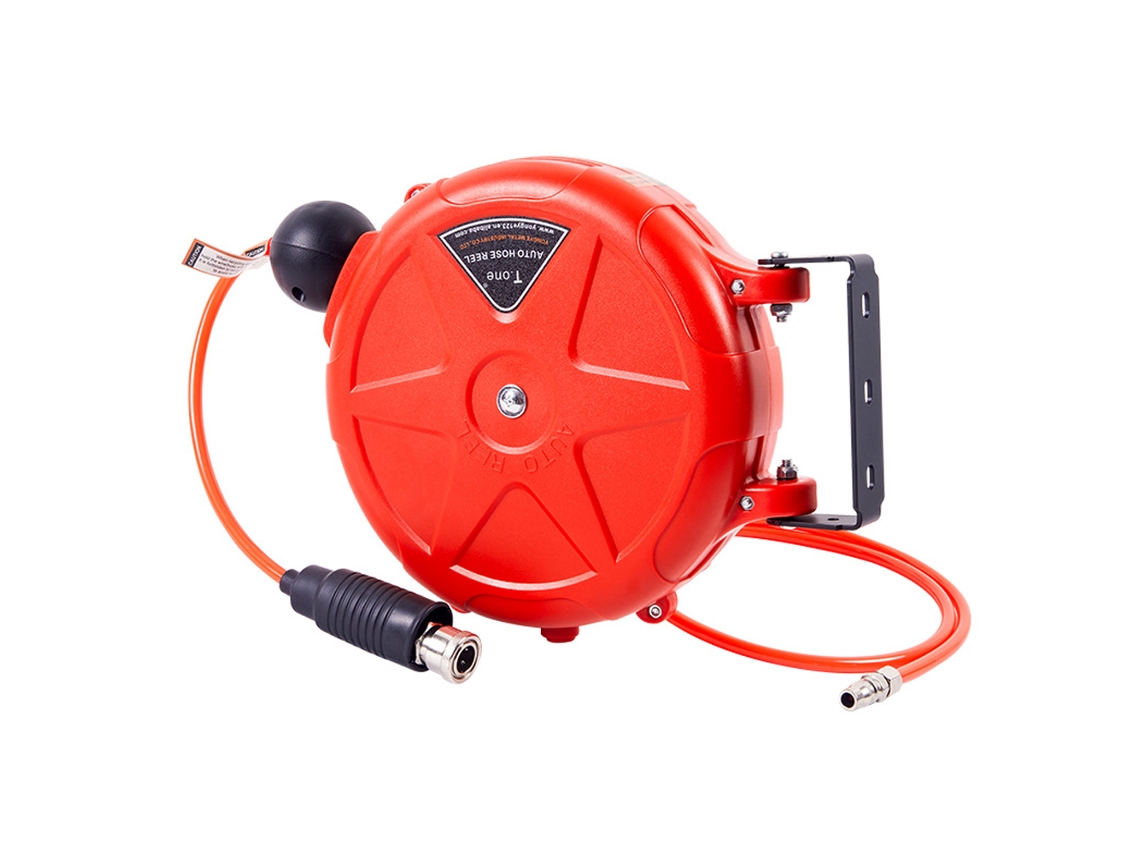 Carretel de mangueira retrátil automático de 8 mm para lavagem de carros, jardim e irrigação, montagem na parede, com travamento automático.
