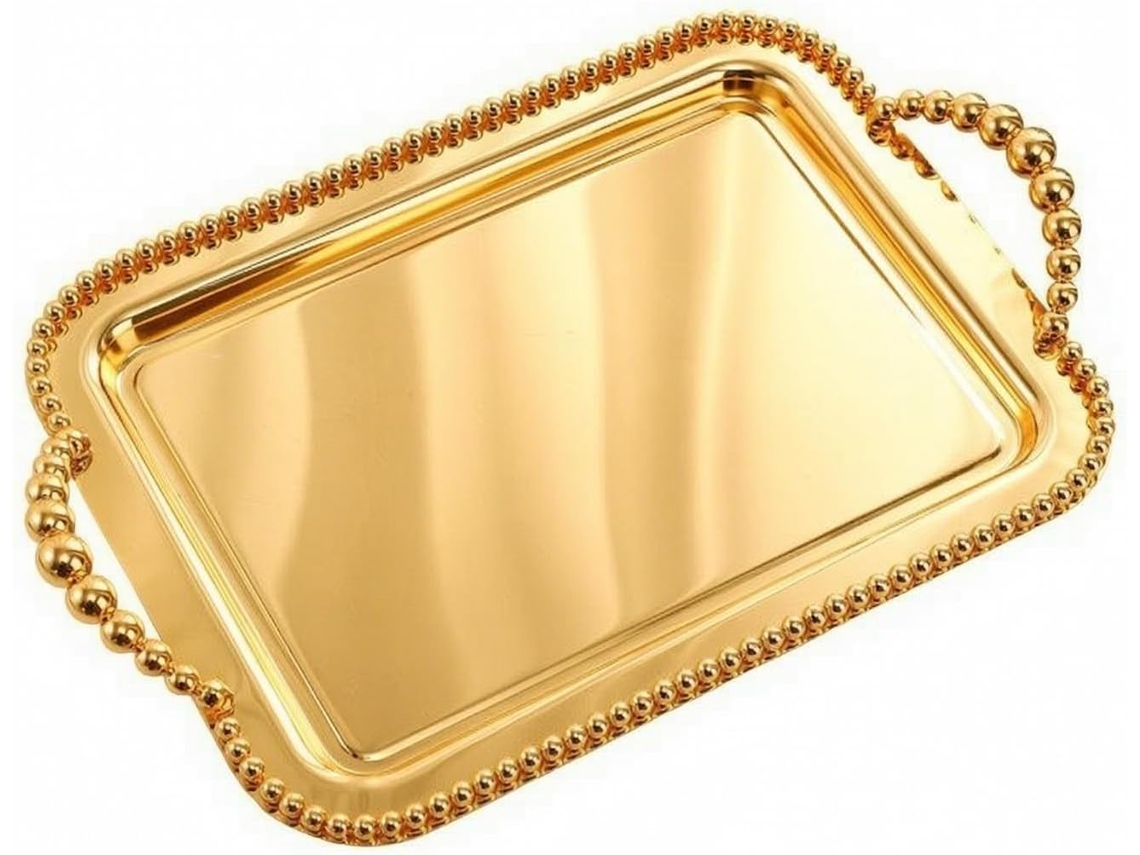 Bandeja Retangular Versátil | Design Com Borda Elevada, Bandeja Com Alças, Para Penteadeira, Dourada, 37 X 24 Cm