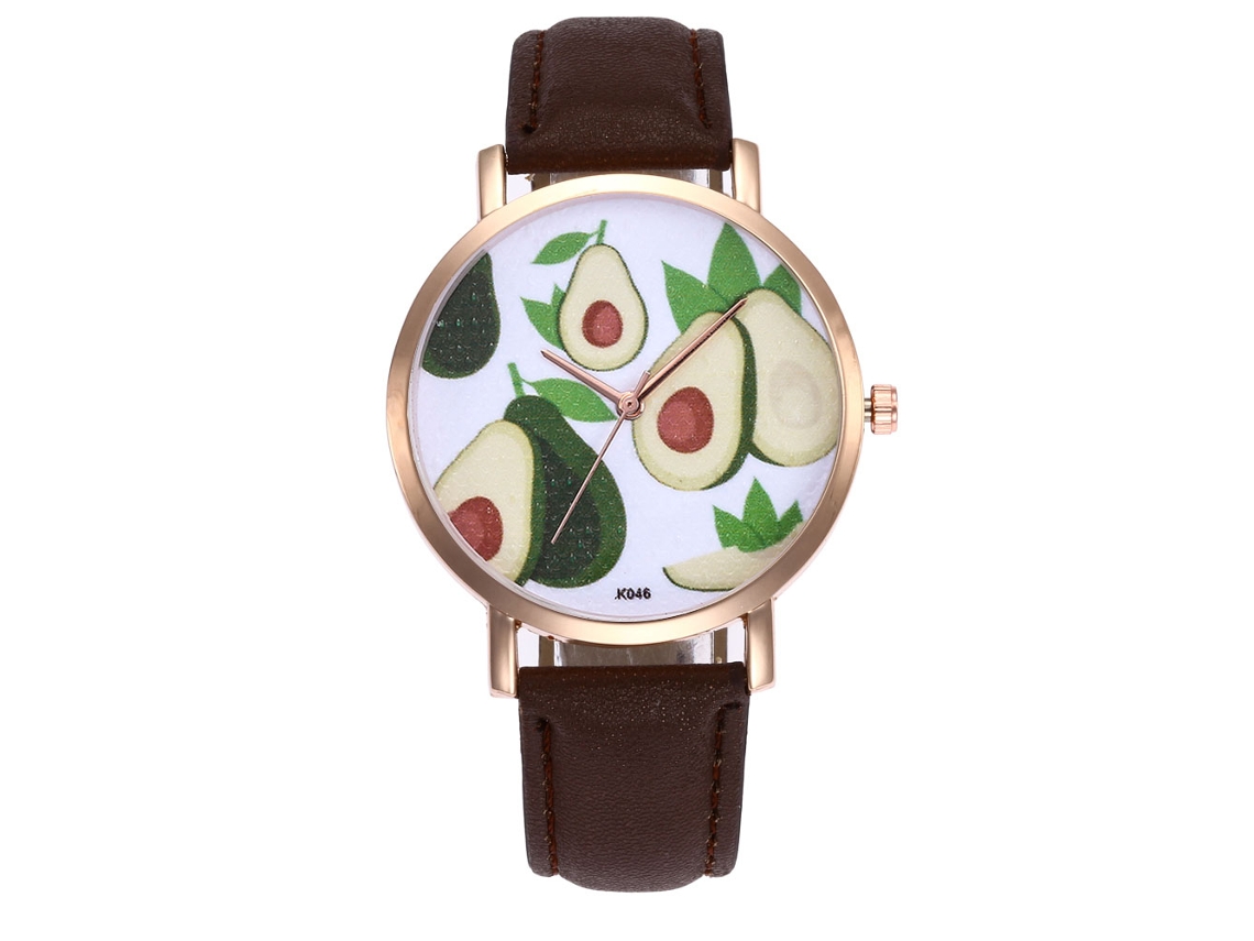Relógio Feminino Zhoulianfa de Padrão de Frutas com Pulseira de Pu Quartzo (café)