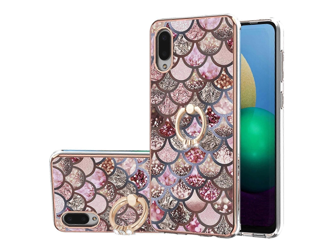 Capa Para Samsung Galaxy A02/m02 Em Tpu Imd Com Padrão Eletrogalvanizado, Resistente A Impactos E Com Suporte De Anel De Strass.