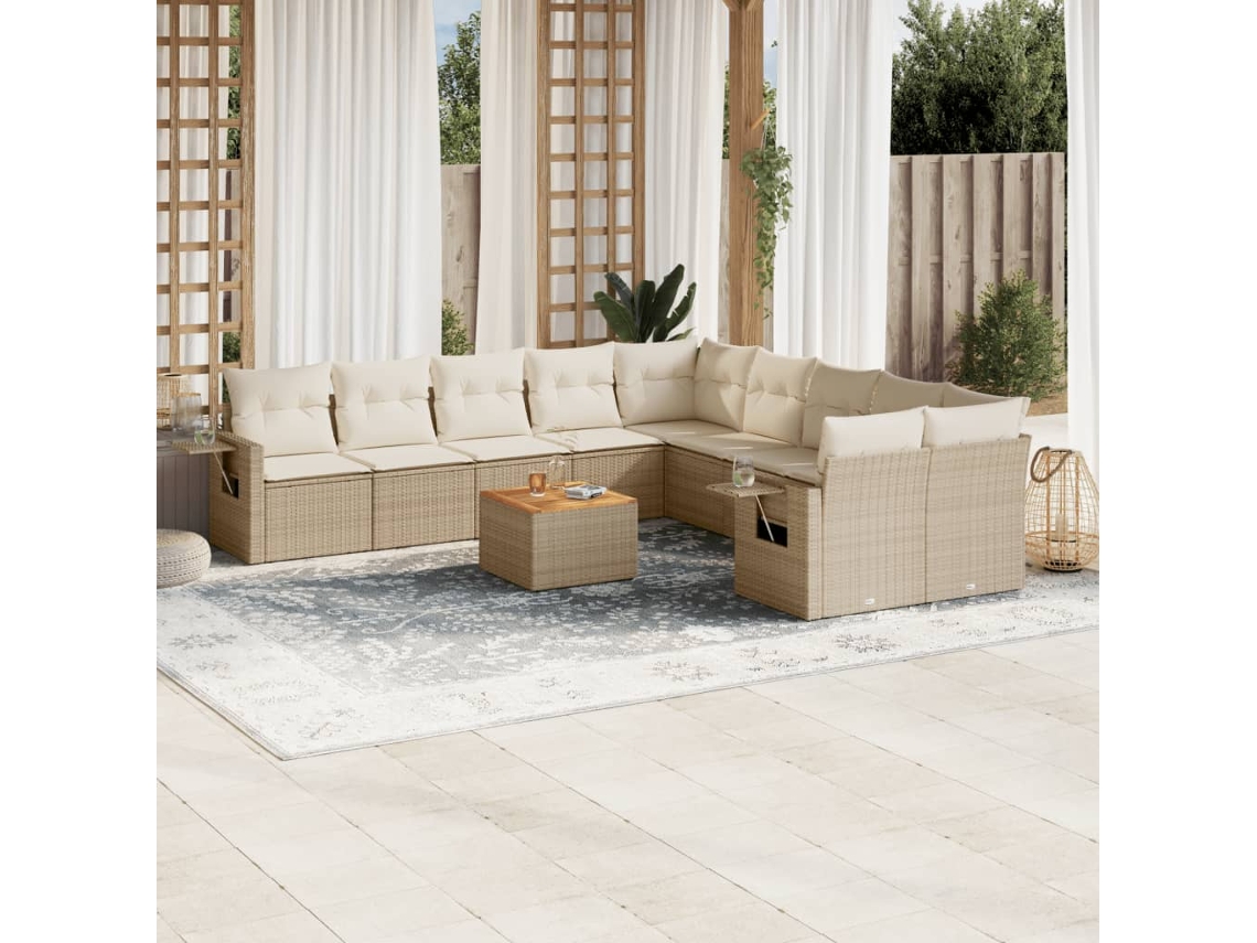 Vidaxl 11 Pcs Conjunto Sofás De Jardim C/ Almofadões Vime Pe Bege