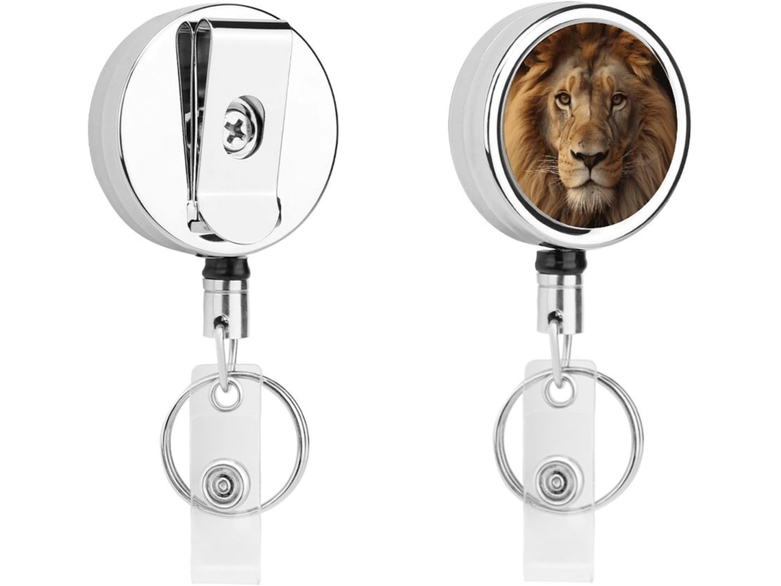 Porta Crachá Com Cabeça De Leão Africano, Retrátil, Portátil, Em Metal E Nylon, Com Cabo De Aço Inoxidável, Chaveiro