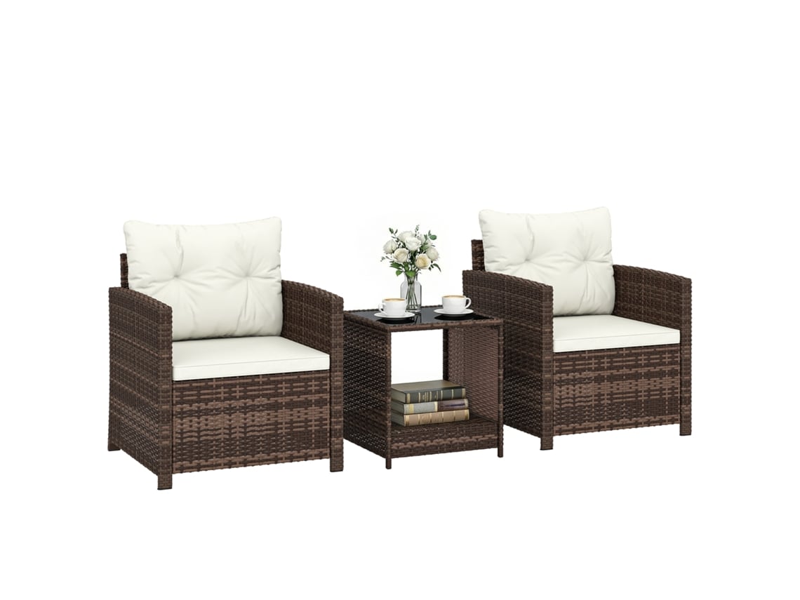 Conjunto Bistrô 3 Peças Rattan: 2 Poltronas e Mesa Redonda, Branco Creme QINGYU TECH