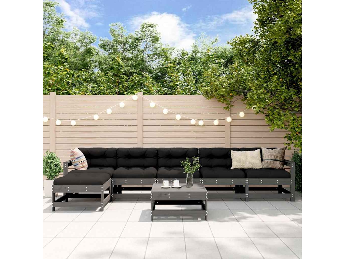 Vidaxl 7 Pcs Conjunto Lounge Jardim C/ Almofadões Madeira Maciça Cinza