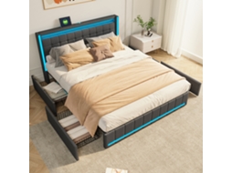 Cama Estofada 140x190cm Com 4 Gavetas, Cama De Casal,com Arrumação E Porta Usb, Base Ripada,tecido De Linho,cinza Escuro