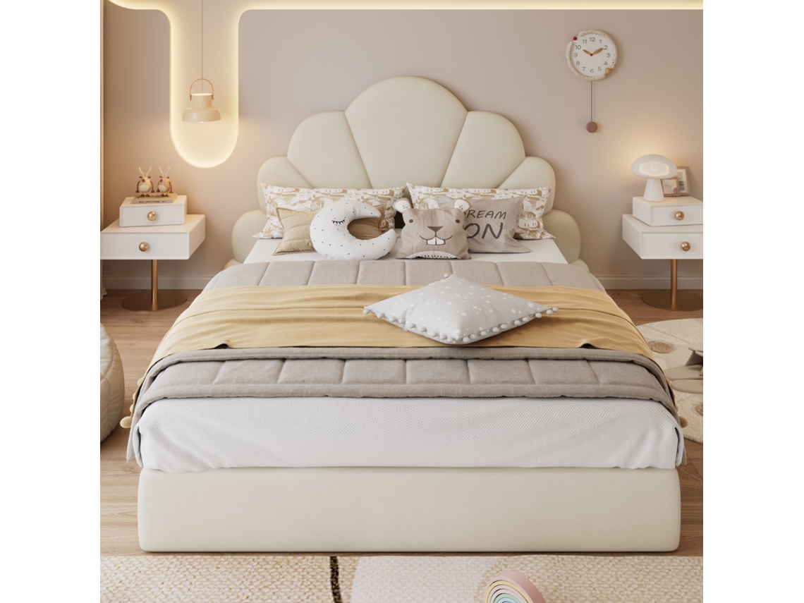 Cabeceira de casal Mobrio veludo floral bege 140 x 200 cm