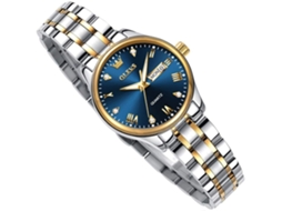 Relógio de Quartzo de Couro Multifuncional Feminino Cronógrafo Luminoso À Prova DÁguarosto Azul Prateado