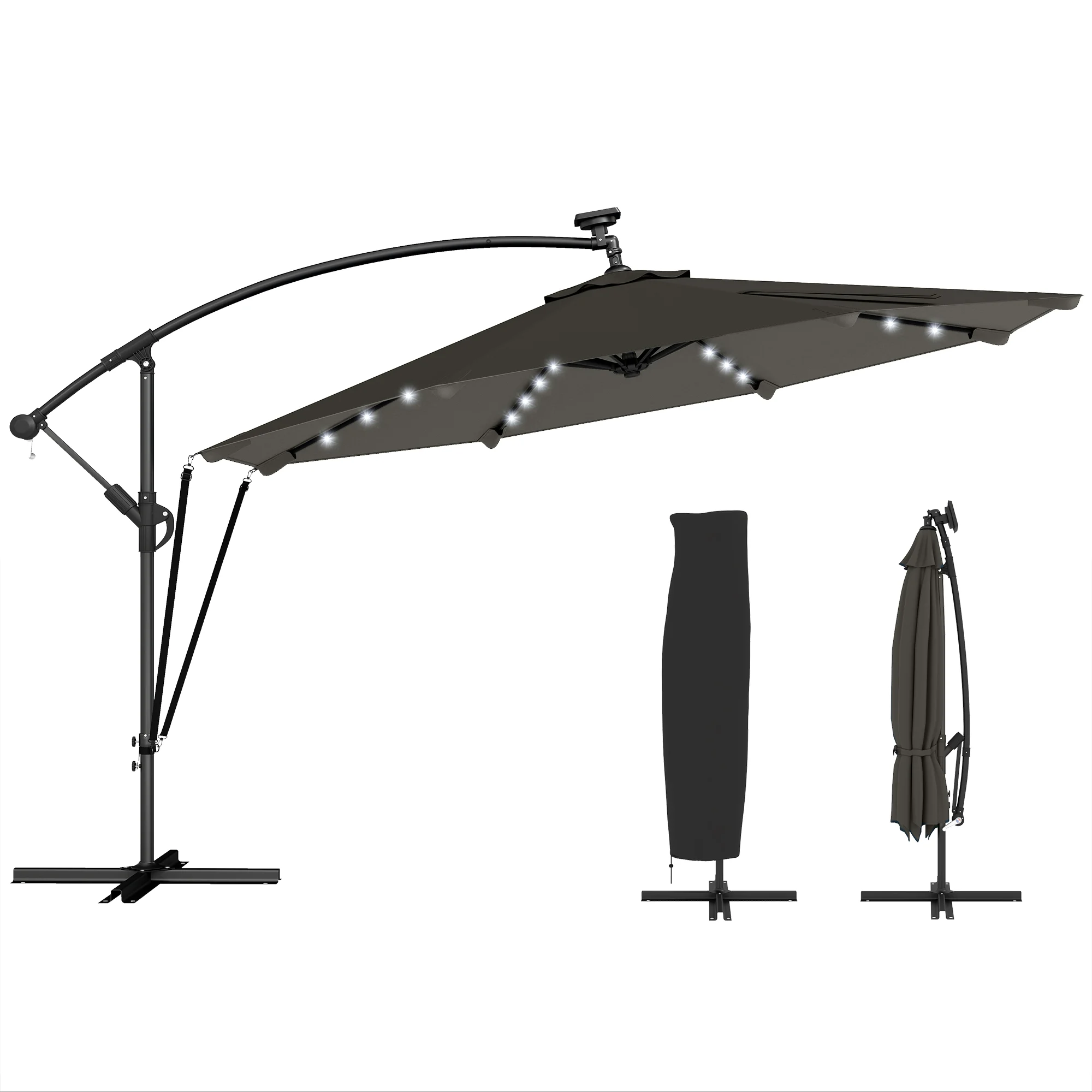 Guarda-sol com luzes solares LED, alumínio, Ø345 cm, base cruzada, cinza | S/MARCA
