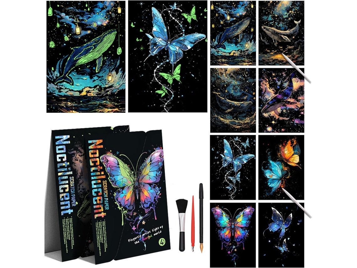 Papel Luminoso para Pintura com Raspagem, Arco, Íris, 8 Folhas com Ferram., Hobby, Brinquedos Criativos, Presentes e Decoração (a4 AQUAFORGE