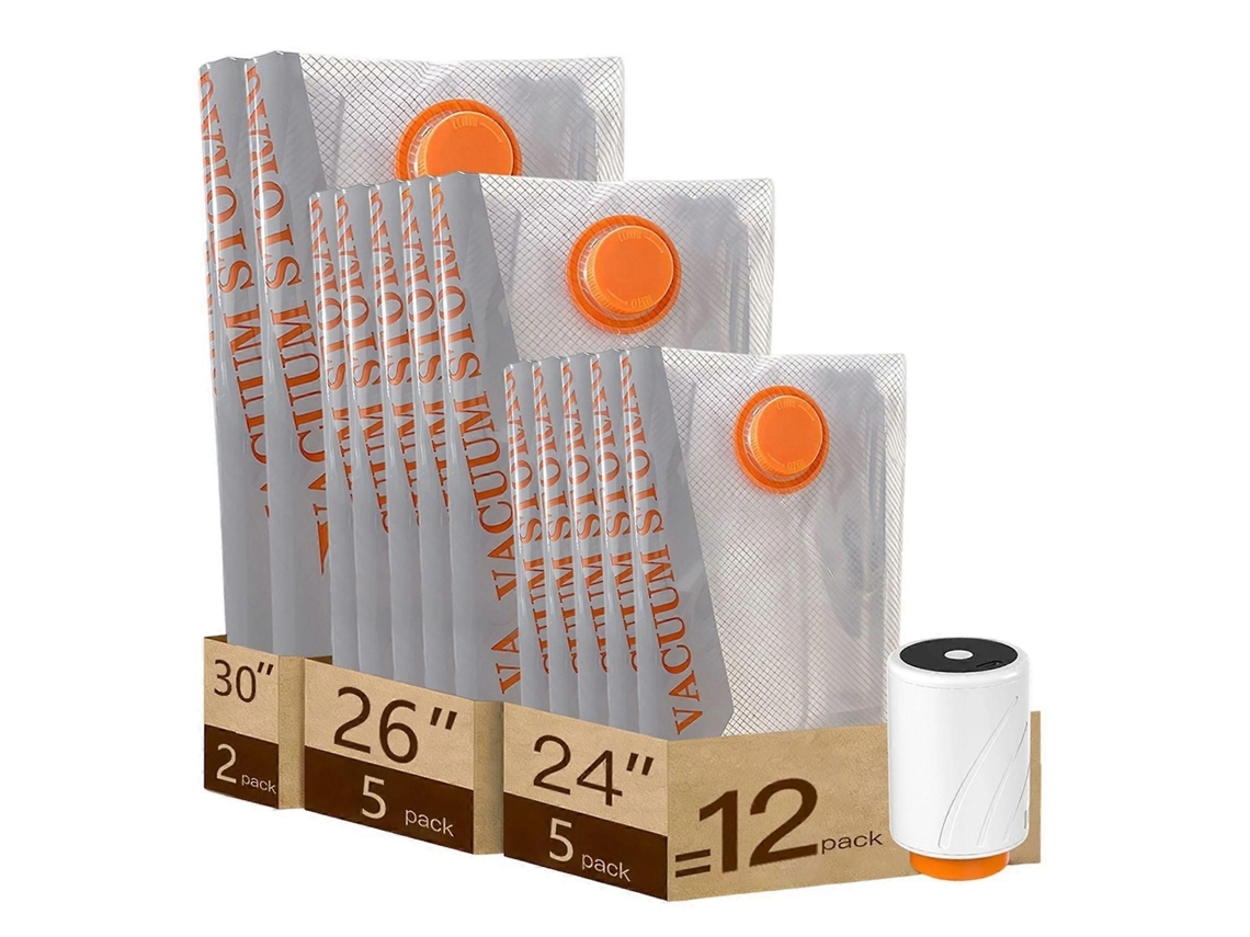 Pacote com 12 sacos de armazenamento a vácuo com bomba recarregável, ideal para selar roupas, cobrir objetos e roupas de cama, economizando espaço.