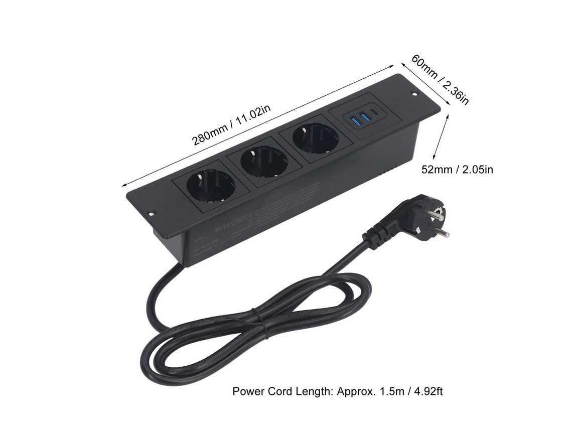 Painéis De Tomada Embutidos Com 3 Tomadas, 2 Usb A E 1 Usb C Pd20w, Fio De 1,5m