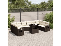 Vidaxl 11 Pcs Conjunto Sofás De Jardim C/ Almofadões Vime Pe Castanho
