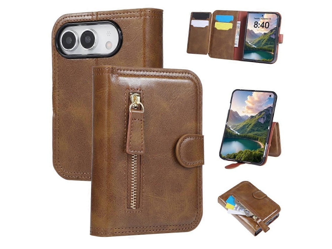 Capa De Couro Com Zíper E Aba, Compatível Com Iphone Duo, Com Porta-cartões.