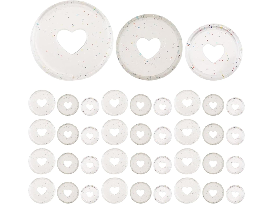 Discos de plástico expansíveis com glitter em formato de coração Ganazono, tamanhos 24, 28 e 35 mm, 45 peças para confecção de colares.