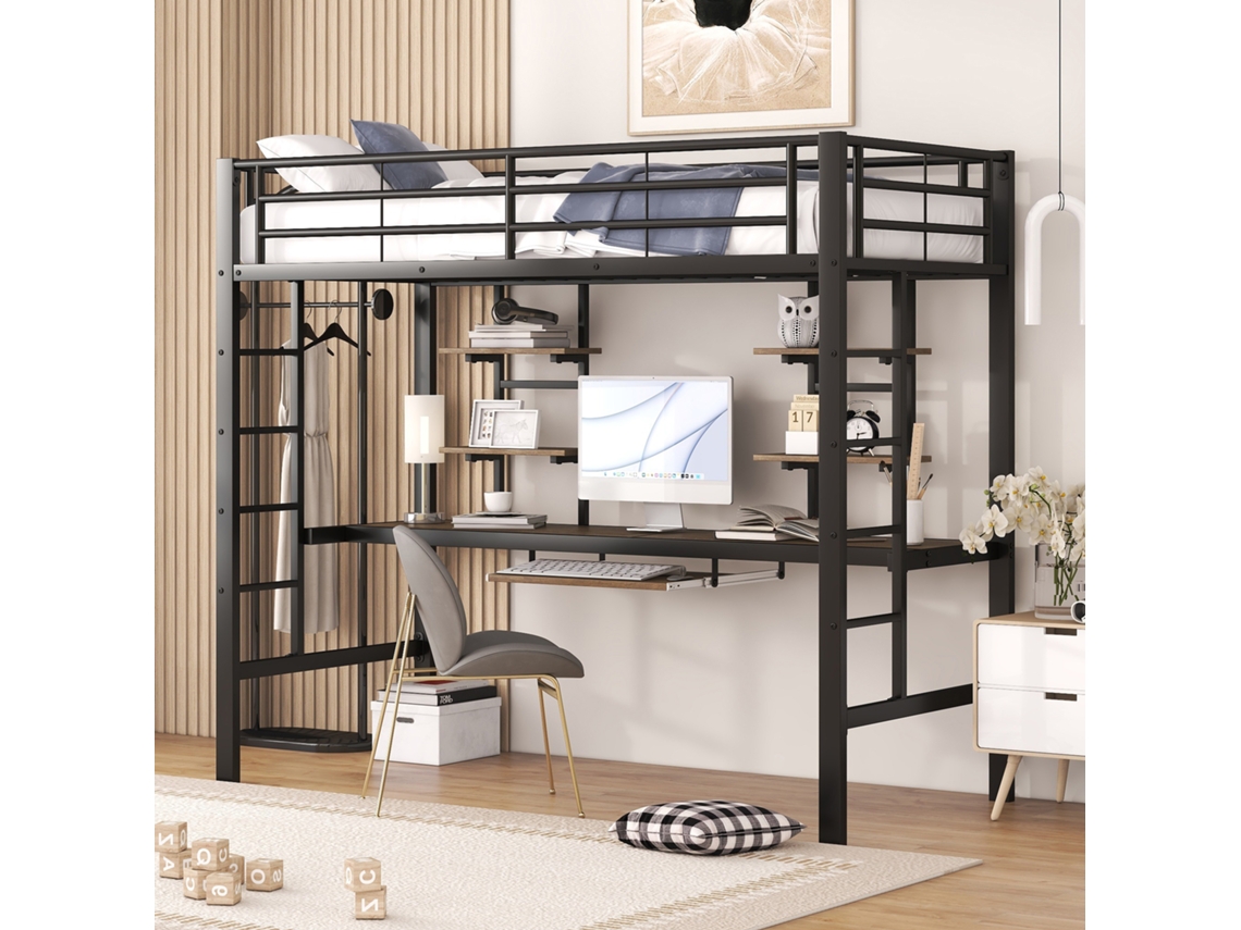 Cama De Metal 90x200cm Com Escrivaninha E Estantes Preta