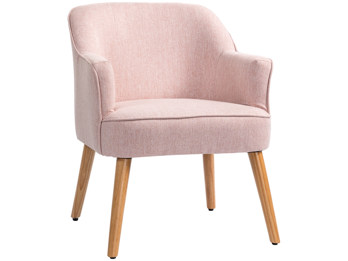 Poltrona Estilo Nórdico Rosa 64,5x65x79,5cm Estofada em Linho Pés de Madeira, Suporta Até 120kg para Quarto e Escritório.