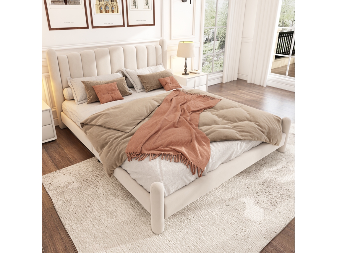 Cama 180x200 Veludo Bege Cabeceira Leque Pés Cilíndricos