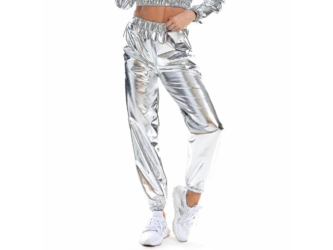 Rebe-Fashion Calça Casual Holográfica Feminina Cool Streetwear Brilhante Para Clube L Prata