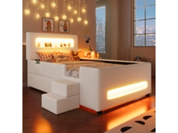 Cama Plataforma Estofada (90 X 200 Cm) Com Escadas, Gavetas, Fitas De Luz Led, Usb E Bolsas De Armazenamento, Branca-op