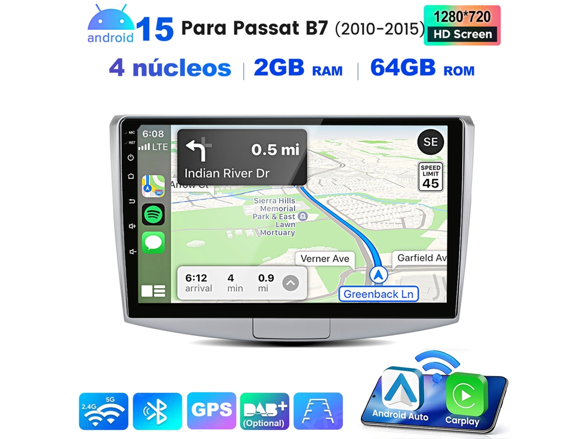 Rádio JUNSUN 2gb+64gb Android 15 para Passat B7 4 Núcleos Wifi Suporte a Comandos no Volante Carplay (2010 2015)