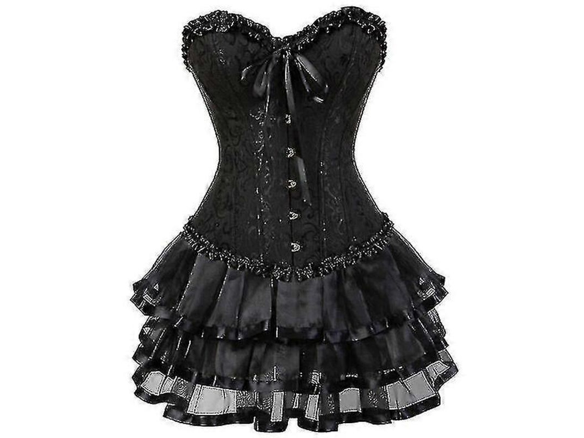 Traje De Corset Overbust Burlesco Para Mulheres Plus Size Com Mini Saia Tutu Brocado Bordado Negro 5xl