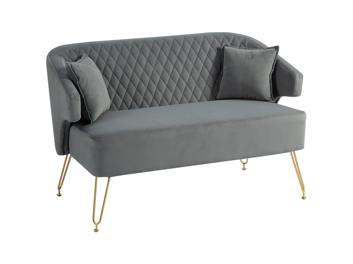 Sofá de 2 Lugares em Veludo com 2 Almofadas e Pés de Aço Dourado LAMAISON (124x69x76 cm) Cinza