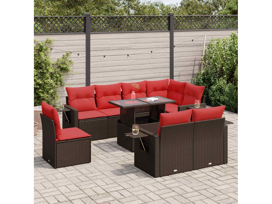 Vidaxl 9 Pcs Conj. Sofás Jardim C/ Almofadões Vime Pe/acácia Castanho