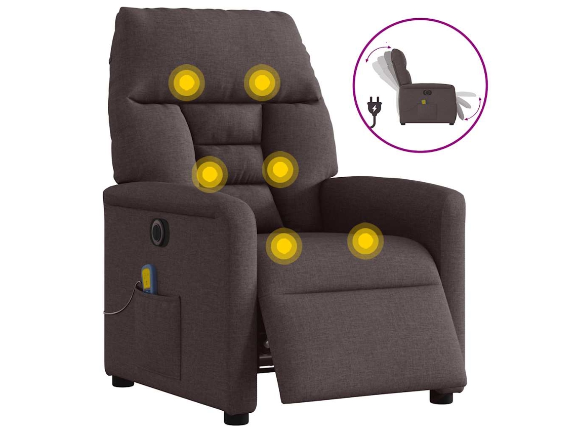 Vidaxl Poltrona Reclinável Massagens Elétrica Tecido Castanho-escuro