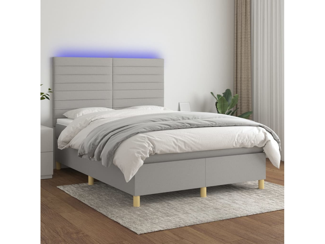 Vidaxl Cama Box Spring C/ Colchão E Led 140x200 Cm Tecido Cinza-claro