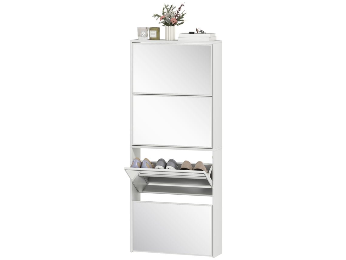 Sapateira Estreita Com Espelho 4 Portas Abatíveis Para 12 Pares De Para Espaços Reduzidos 63x17x146 Cm Branco