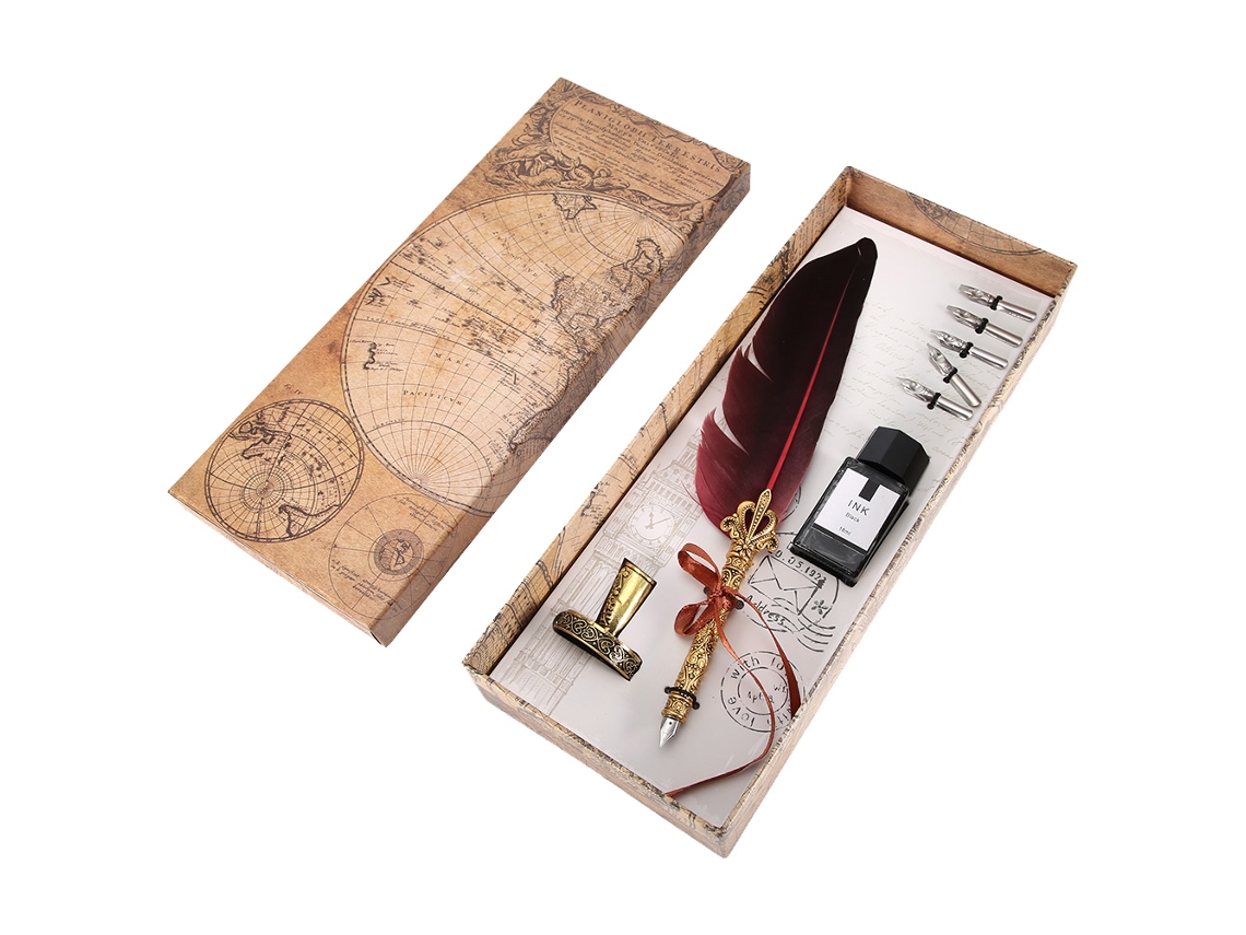 Pluma Vintage Retro Com Ponta De Aço Inoxidável Para Caligrafia Tinta Presente (vinho Tinto)