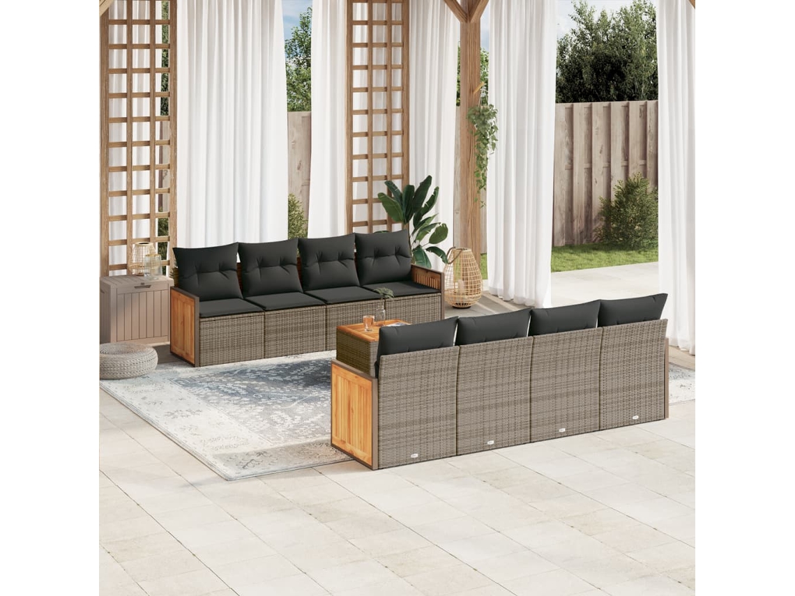 Vidaxl 9 Pcs Conjunto Sofás P/ Jardim Com Almofadões Vime Pe Cinzento